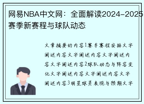 网易NBA中文网：全面解读2024-2025赛季新赛程与球队动态
