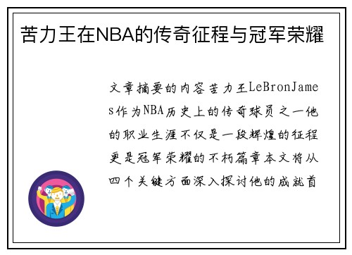 苦力王在NBA的传奇征程与冠军荣耀